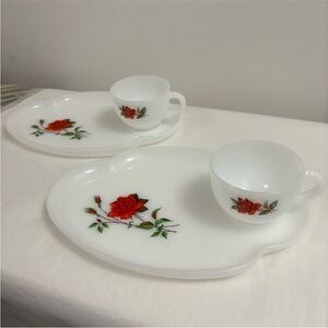Vintage FEDERAL GLASS Set of TWO milk glass snack plates & cups Rosecrest white